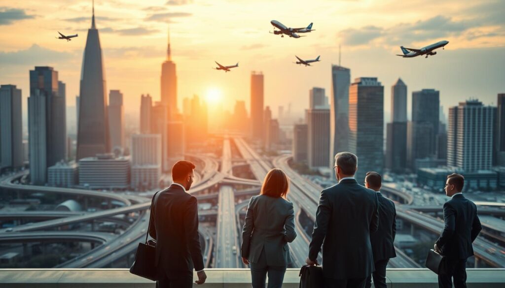 A bustling city skyline at dusk, with towering skyscrapers and criss-crossing highways. In the foreground, a group of business professionals in suits and briefcases, deep in discussion, conveying a sense of intellectual exchange and strategic planning. The scene is bathed in a warm, golden light, creating a contemplative and aspirational atmosphere. In the background, silhouettes of airplanes take off, symbolizing the global nature of business and educational travel. The composition balances the dynamic urban landscape with the thoughtful human element, capturing the essence of "Viajes de Estudio y Negocios: Descubriendo Nuevas Perspectivas".