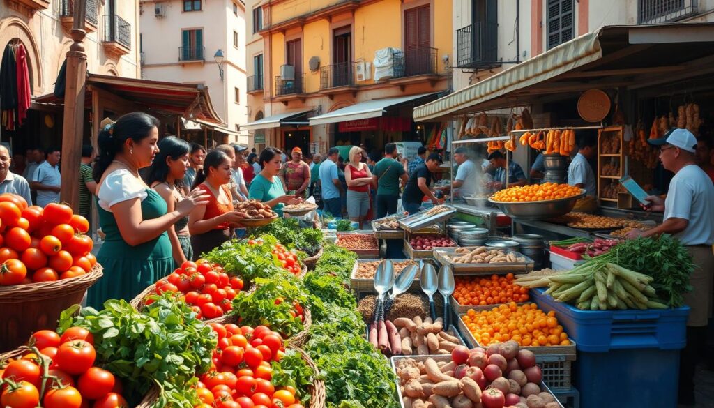 A bustling open-air marketplace in a vibrant Latin American city, bathed in warm afternoon light. In the foreground, an array of colorful, freshly harvested produce - ripe tomatoes, fragrant herbs, and earthy tubers. Vendors in traditional dress offer samples, gesturing animatedly. In the middle ground, sizzling street food stalls emit tantalizing aromas of seared meats, bubbling stews, and freshly baked breads. Colorful textiles, hand-carved wooden crafts, and lively music create an immersive cultural experience. The background features historic architecture, faded facades, and glimpses of the local community going about their daily lives, showcasing the deep-rooted culinary traditions and vibrant spirit of this authentic gastronomic destination.