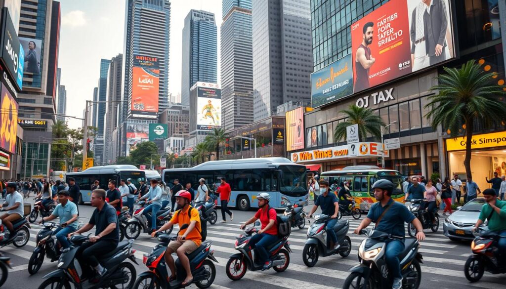 A bustling urban intersection with a diverse array of local transportation options. In the foreground, a colorful mix of pedestrians, bicyclists, and electric scooters weaving through the congestion. In the middle ground, a modern bus stop and a taxi rank, reflecting the efficient connectivity of the local transport network. In the background, towering skyscrapers and neon-lit billboards create an energetic, metropolitan atmosphere, accentuated by dramatic lighting and a wide-angle lens perspective. The scene conveys a sense of vibrant movement and seamless integration of various modes of urban mobility, perfectly capturing the essence of "transporte local conexiones".