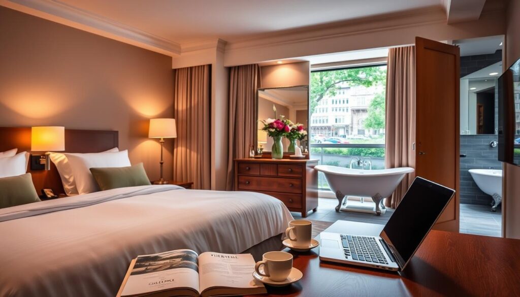A cozy hotel room with plush bedding, warm lighting, and a view of a bustling city street outside the large window. In the foreground, a neatly organized desk with a laptop, guidebook, and a cup of coffee. The middle ground features a wooden dresser with a vase of fresh flowers. In the background, a modern bathroom with a claw-foot tub and lush greenery visible through an open doorway. The overall mood is one of relaxation and anticipation, setting the scene for a perfectly planned trip.
