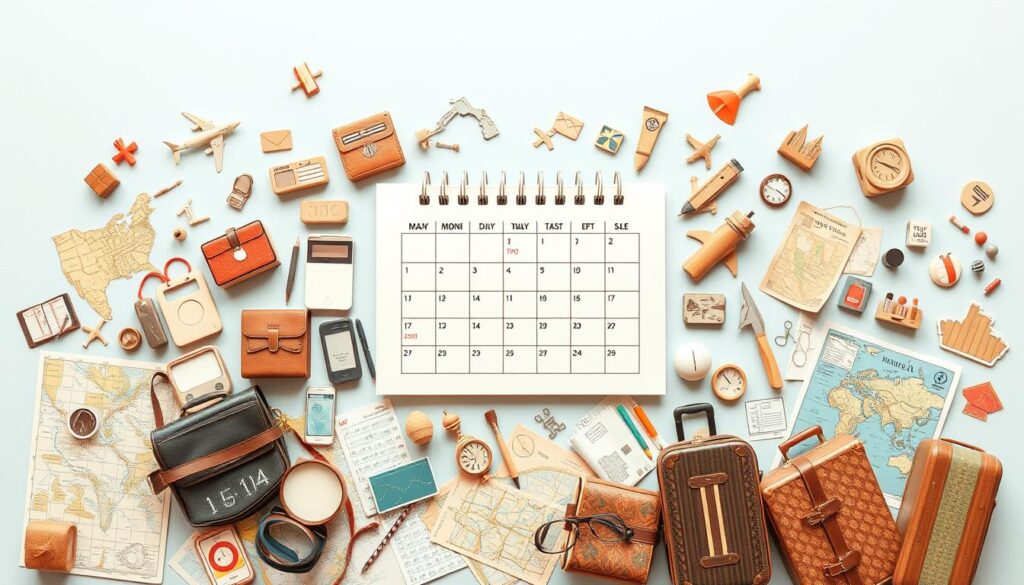 A detailed travel planning organization illustration, featuring a central calendar or schedule surrounded by assorted travel icons, maps, luggage, and other planning elements. The composition should have a clean, organized aesthetic with a warm, earthy color palette. Employ a slightly elevated, three-quarter camera angle to provide an overview perspective. The mood should convey a sense of intentionality, preparation, and excitement for the upcoming journey.