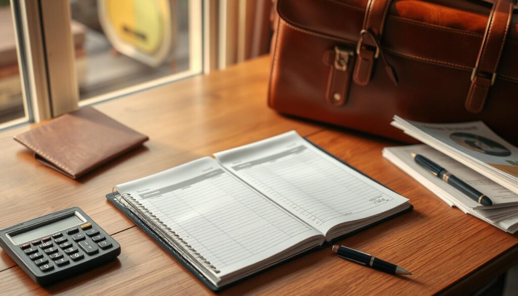 A meticulously organized budget ledger lies open on a wooden desk, surrounded by a calculator, pen, and a stack of travel documents. Warm, natural lighting filters through a nearby window, casting a soft glow on the scene. A travel-worn leather suitcase stands at the ready, hinting at the exciting journey to come. The mood is one of careful planning and anticipation, as the traveler prepares to embark on their perfect trip while maintaining financial control. The composition balances order and adventure, reflecting the section's focus on managing a travel budget and unexpected expenses.