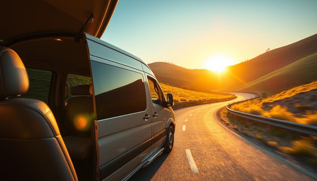 A modern, comfortable, and versatile transport vehicle for the perfect travel adventure. A mid-sized van or SUV with sleek exterior lines, gleaming chrome accents, and a spacious, well-appointed interior. Soft leather seats, climate control, and ample cargo space for luggage and gear. Traveling on a winding country road with lush, rolling hills in the background under a bright, golden sunset. Conveying a sense of freedom, exploration, and the promise of exciting destinations ahead.