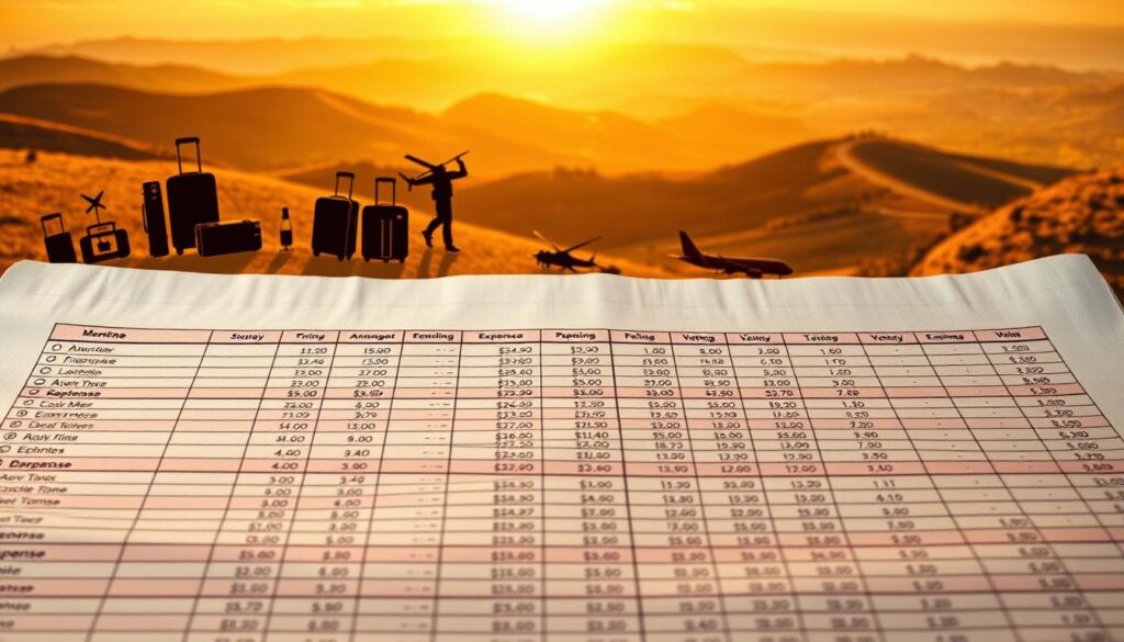A neatly organized budget spreadsheet with detailed expense categories fills the foreground, its columns and rows illuminated by warm, focused lighting. In the middle ground, travel icons like suitcases, airplane silhouettes, and map markers suggest the planning process, while the background showcases a serene landscape of rolling hills, a winding road, and a distant horizon bathed in a soft, golden glow. The overall atmosphere conveys a sense of thoughtful preparation, careful financial planning, and the anticipation of an exciting journey to come.