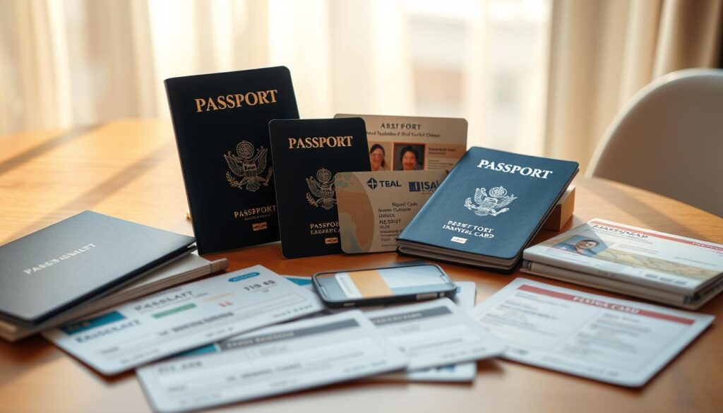 A neatly organized table displaying essential travel documents - passports, visas, identification cards, and travel insurance - arranged against a warm, sunlit backdrop. The documents are lightly shadowed, creating depth and a sense of tactility. The lighting is soft and diffused, evoking a feeling of calm and preparedness. The overall composition is balanced and visually pleasing, guiding the viewer's eye to the key elements. The muted color palette, featuring earthy tones and subtle hues, conveys a sense of sophistication and professionalism, reflecting the importance of these travel essentials.