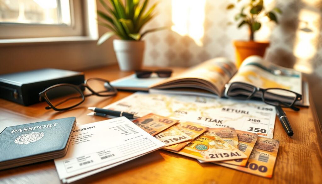 A neatly organized workspace with essential travel documents and accessories. In the foreground, a passport, boarding pass, travel insurance, and local currency spilled out on a wooden desk, illuminated by warm, natural light filtering through a window. The middle ground features a map, a pen, and a pair of reading glasses, hinting at the planning and preparation process. In the background, a subtle pattern on the wall adds visual interest, while a potted plant symbolizes the adventure and growth that lies ahead. The overall atmosphere is one of organized preparedness, evoking a sense of anticipation and readiness for the upcoming journey.