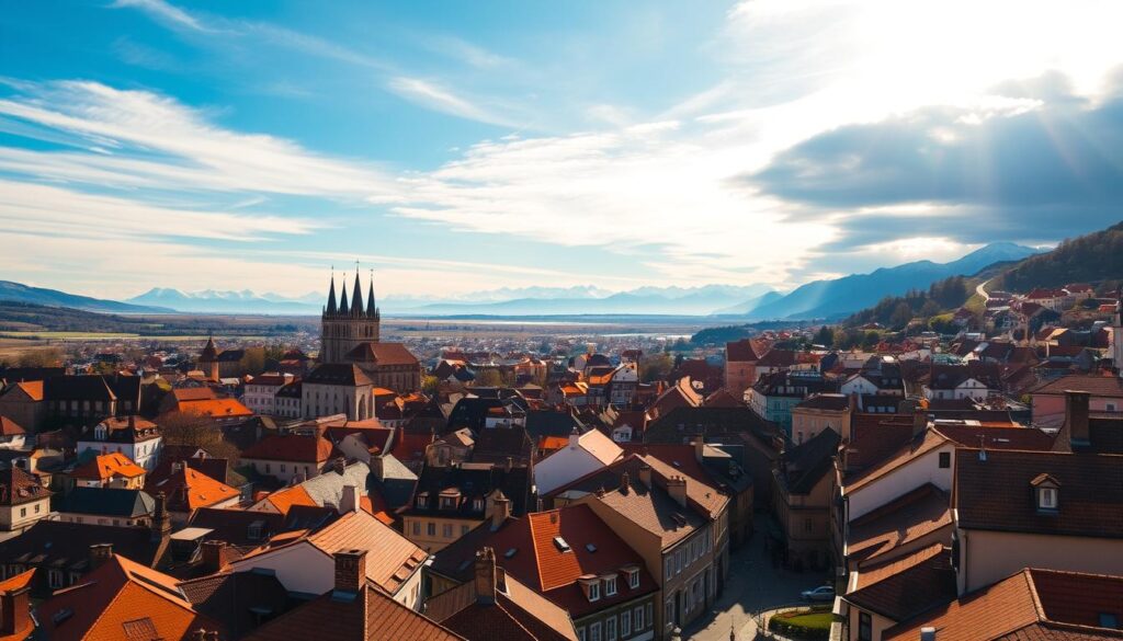 A panoramic landscape of the European continent, bathed in warm, golden sunlight. In the foreground, a mosaic of colorful rooftops, winding cobblestone streets, and historic architecture evoke the vibrant culture of a quaint European town. The middle ground features towering cathedrals, medieval castles, and lush, rolling hills, while the distant background showcases majestic snow-capped peaks and a vast, azure sky. The scene exudes a sense of adventure, discovery, and timeless elegance, inviting the viewer to embark on a captivating journey through the rich tapestry of European heritage.
