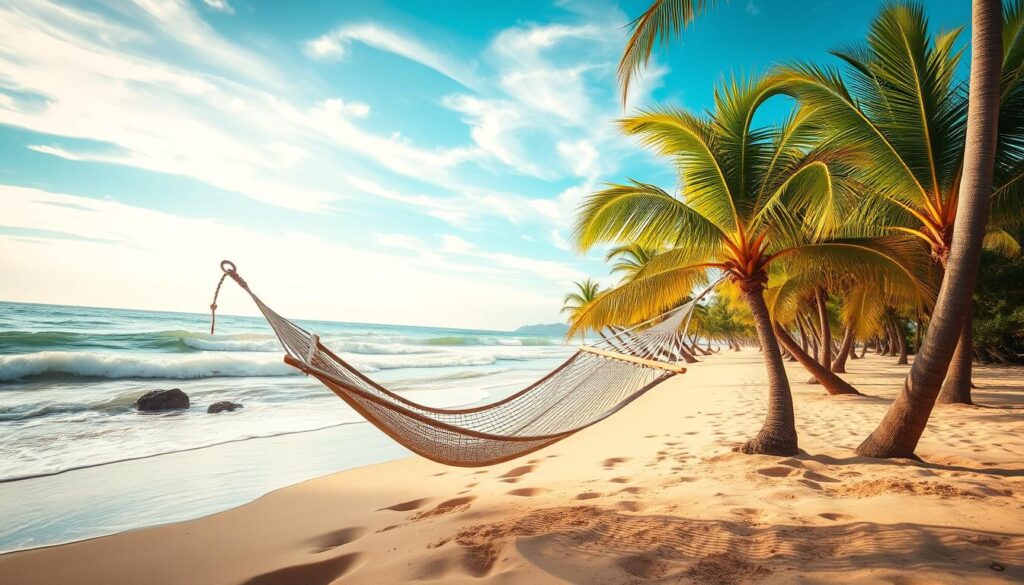 A peaceful, sun-drenched beach scene with soft, rolling waves lapping against the golden sand. Vibrant green palm trees sway gently in the warm breeze, casting delicate shadows across the tranquil landscape. A comfortable hammock sways between two palm trunks, inviting the viewer to sink into a state of complete relaxation and rejuvenation. The sky is a brilliant azure, with wispy clouds drifting lazily overhead. The overall atmosphere is one of pure leisure and escape, embodying the essence of a restorative "viajes de ocio" experience.