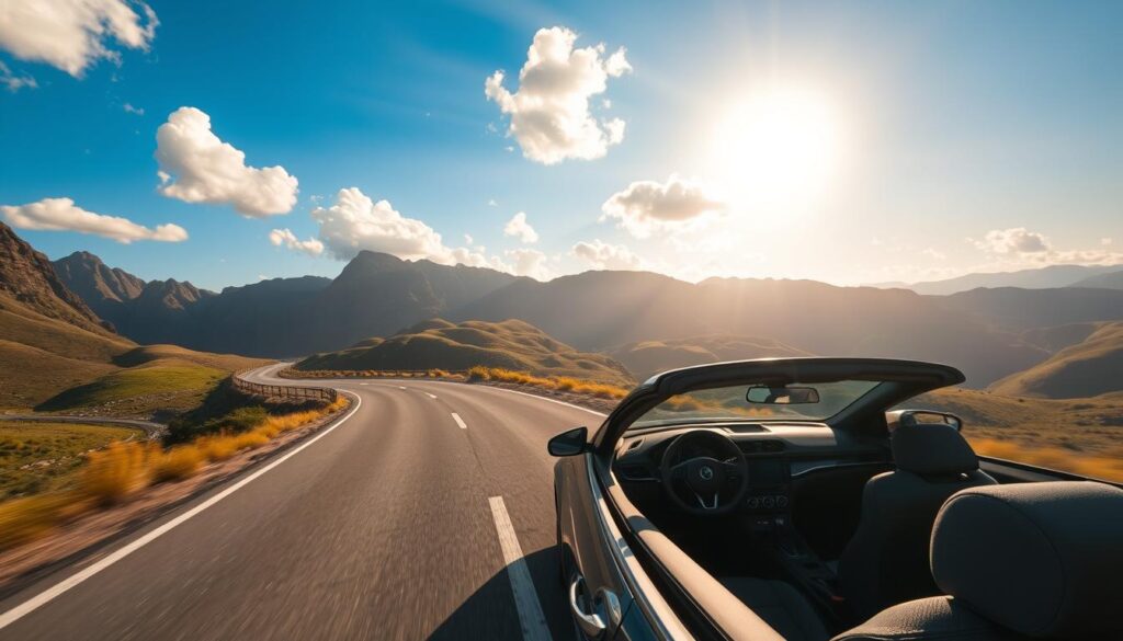A picturesque highway winds through a breathtaking landscape, lined with towering mountains and verdant valleys. The sun casts a warm, golden glow, illuminating the winding road and the rolling hills in the distance. Fluffy, cumulus clouds dot the azure sky, casting gentle shadows on the earth below. The car, a sleek and modern model, glides effortlessly along the open road, offering the driver and passengers a unique and immersive experience. The interior of the vehicle is well-appointed, with comfortable seating and a panoramic view of the stunning scenery outside. This image captures the essence of an unforgettable road trip, where the journey itself becomes the destination, and the unexpected becomes the norm.