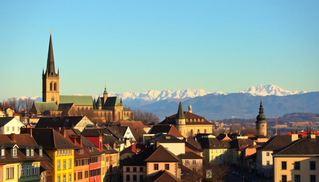 A picturesque scene of iconic European landmarks, bathed in warm, golden light. In the foreground, a quaint European city with charming cobblestone streets, colorful buildings, and a historic town square. In the middle ground, towering medieval cathedrals and ancient castles rise majestically against a clear, azure sky. In the distant background, snow-capped mountain peaks pierce the horizon, creating a breathtaking vista. The scene exudes a sense of timeless elegance and wonder, capturing the essence of Europe's most treasured destinations.