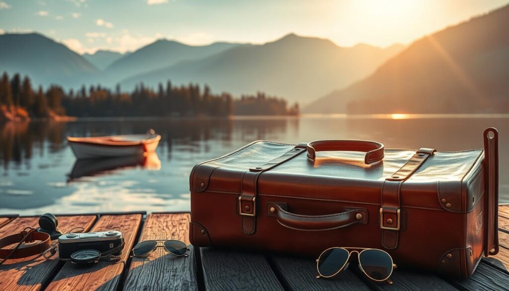 A serene and tranquil scene capturing the essence of "estilo de viaje". In the foreground, a well-worn leather suitcase rests on a wooden dock, reflecting the warm glow of the setting sun. Surrounding it, an array of travel-inspired elements - a worn compass, a vintage camera, and a set of aviator sunglasses - create a sense of adventure and discovery. In the middle ground, a small rowboat bobs gently on the calm waters of a picturesque lake, its serene surface mirroring the mountains and pine forests in the distance. The lighting is soft and golden, casting a warm, nostalgic atmosphere over the entire scene, evoking a timeless and authentic travel experience.