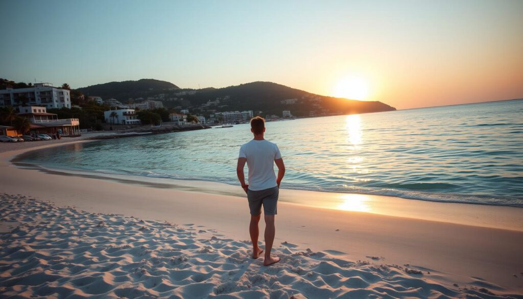 A serene beachfront setting with a picturesque coastal town nestled in the background. In the foreground, a vacationer stands on the pristine sand, gazing out at the tranquil azure waters and the setting sun painting the sky in warm hues. The scene evokes a sense of tranquility and the promise of a perfect getaway. Soft natural lighting illuminates the scene, with a shallow depth of field that focuses the viewer's attention on the central figure contemplating their ideal travel destination. The overall composition conveys a sense of balance, harmony, and the allure of an idyllic vacation spot.