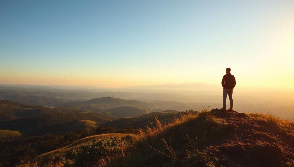 A serene landscape bathed in warm, golden light. In the foreground, a traveler stands atop a hill, gazing out at the sweeping vista before them. Rolling hills and lush greenery stretch out in the middle ground, leading the eye to a distant mountain range silhouetted against a vibrant, cloudless sky. The scene evokes a sense of exploration, discovery, and personal growth - the essence of "viajes enriquecedores", or enriching travels. Captured with a wide-angle lens to emphasize the grand, expansive nature of the environment, the image conveys a mood of tranquility, wonder, and the boundless potential of the journey ahead.