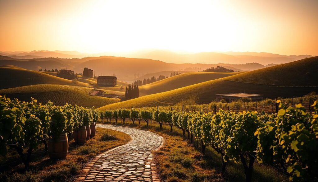 A serene landscape of rolling hills, dotted with lush vineyards under a warm, golden sunset. The foreground features a winding, cobblestone path leading through the vines, inviting the viewer to explore the enological journey. In the middle ground, rustic stone buildings and wooden wine barrels suggest the rich heritage and tradition of the region. The background showcases distant mountains, their silhouettes casting long shadows across the idyllic scene. Soft, diffused lighting creates a dreamlike atmosphere, evoking a sense of tranquility and a deep connection to the land. The overall composition conveys the essence of "rutas del vino" - the picturesque wine routes that beckon travelers to savor the flavors and experiences of this captivating, gastronomic destination.