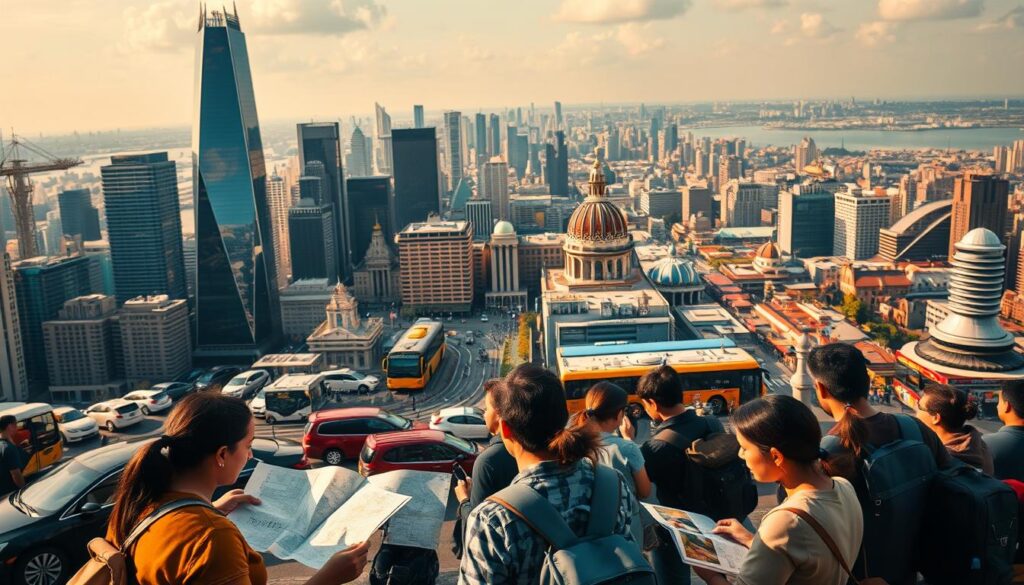 A stunning cityscape unfolds, with towering skyscrapers casting long shadows across a bustling urban landscape. In the foreground, a group of travelers gathers, poring over detailed maps and guidebooks, their faces alight with a sense of anticipation. The middle ground showcases various modes of transportation - sleek cars, vibrant public buses, and a network of pedestrian walkways. In the background, a myriad of cultural landmarks and diverse eateries dot the horizon, hinting at the rich tapestry of experiences awaiting these adventurous souls. Warm, golden lighting bathes the scene, creating a sense of welcoming and exploration. This image captures the essence of personalized travel itineraries, where the world's flavors converge, and every journey is a unique and unforgettable experience.