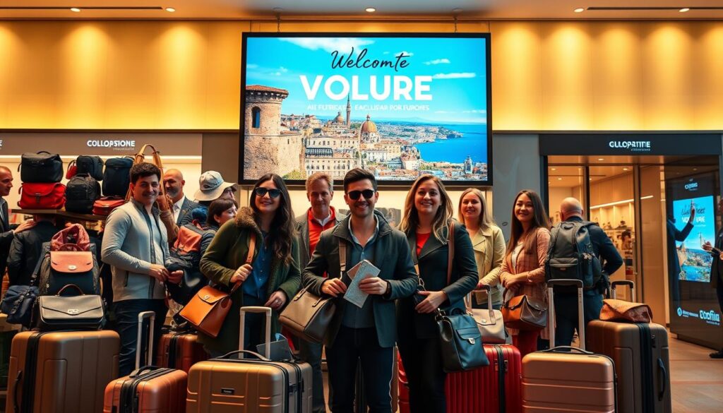 A vibrant and captivating image of "ofertas exclusivas viajes" for the "Guía Completa para Viajar por Europa" article. In the foreground, a group of stylish travelers stand amidst a dazzling display of suitcases, backpacks, and travel accessories, all adorned with exclusive labels and logos. Their expressions convey a sense of excitement and anticipation. The middle ground features a large, inviting billboard showcasing a breathtaking European destination, with alluring text and imagery that draw the viewer's attention. Warm, golden lighting illuminates the scene, creating a welcoming and aspirational atmosphere. In the background, a sleek, modern travel agency storefront sets the stage, its clean lines and minimalist design reflecting the sophistication and exclusivity of the "ofertas exclusivas viajes" concept. The overall composition strikes a balance between the dynamic foreground and the serene, yet captivating, backdrop, resulting in a visually striking and compelling image that captures the essence of