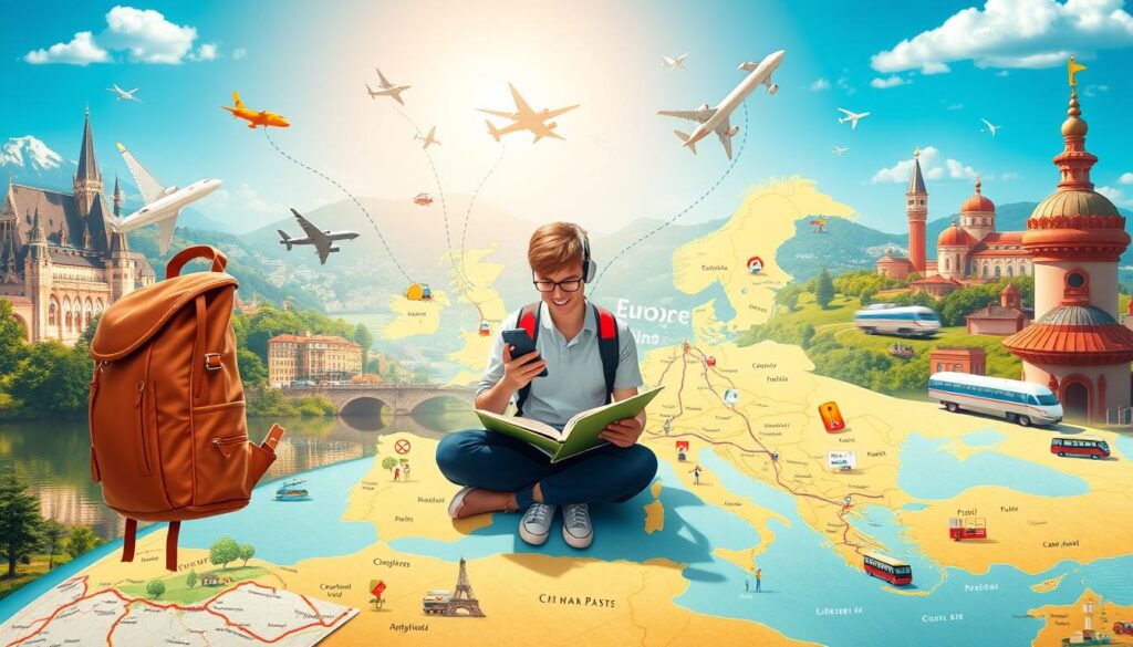 A vibrant and informative digital illustration depicting the planning and organization of transportation routes and itineraries for travel across Europe. The foreground showcases a detailed map of the continent, with various transportation icons like trains, planes, and buses overlaid to represent different modes of travel. The middle ground features a traveler with a backpack, studying a mobile device while surrounded by reference materials like guidebooks and travel documents. The background blends scenic landscapes, cityscapes, and transportation hubs to convey the comprehensive nature of the journey-planning process. The image is bathed in warm, natural lighting, creating a sense of adventure and exploration. The overall composition is visually striking, balancing informative elements with an engaging, visual narrative.