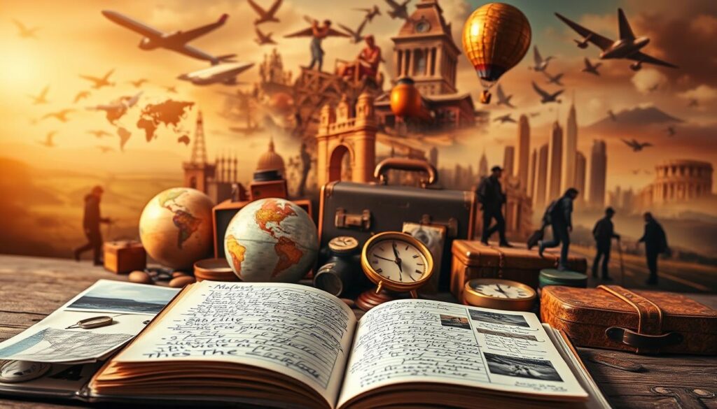 A vibrant collage of travelers' tales, captured in a dynamic, photographic style. The foreground showcases an open journal, its pages filled with hand-written accounts, sketches, and pressed mementos - the tangible traces of journeys near and far. In the middle ground, a diverse array of globes, compasses, and vintage luggage pieces evoke the spirit of exploration. The background blends hazy landscapes, cityscapes, and silhouettes of adventurous figures, creating a sense of movement and discovery. Warm, golden lighting casts a nostalgic glow, evoking the timeless allure of wanderlust and the shared experiences of globetrotting explorers.