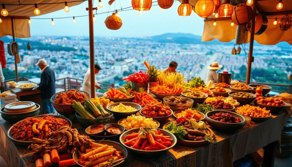 A vibrant culinary journey unfolds, showcasing a diverse tapestry of global flavors. In the foreground, a table laden with an array of exquisite dishes, each a masterpiece of local culinary traditions. Surrounding the table, a lively market scene comes to life, with vendors offering an assortment of fresh produce, spices, and artisanal wares. In the background, a panoramic view of a bustling city skyline or a picturesque rural landscape sets the stage for this gastronomic adventure. Warm, golden lighting casts a inviting glow, creating a sense of warmth and conviviality. The overall atmosphere evokes a feeling of cultural immersion, where the senses are delighted by the sights, smells, and flavors of a world-class culinary experience.