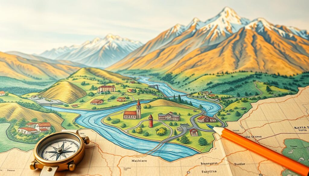 A vibrant, hand-drawn map of a personalized travel itinerary unfolds across the canvas. In the foreground, a traveler's compass and a pencil guide the intricate route, winding through lush landscapes. The middle ground showcases rolling hills, winding rivers, and quaint villages, each with unique architectural details. In the background, snow-capped mountains rise majestically, their peaks touched by warm, golden sunlight. The overall mood is one of adventure, discovery, and the excitement of crafting a bespoke journey. The scene is rendered with a whimsical, illustrated style, capturing the spirit of personalized travel planning.