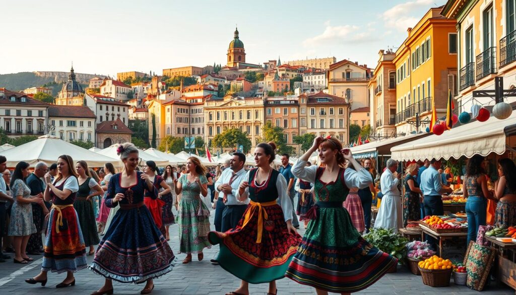 A vibrant, immersive scene depicting the cultural experiences of Europe. In the foreground, a group of people in traditional attire engaged in a lively folk dance, their movements captured in a dynamic, kinetic composition. In the middle ground, a bustling outdoor market overflows with an array of colorful textiles, handicrafts, and local produce, creating a lively atmosphere. The background features a picturesque European cityscape, with iconic architecture bathed in warm, golden sunlight, conveying a sense of timeless heritage. Intricate, detailed textures and a harmonious color palette evoke the rich tapestry of European culture. The overall mood is one of celebration, energy, and a deep appreciation for the diverse cultural traditions that define the European experience.