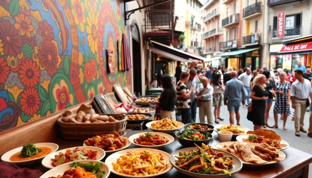 A vibrant mural adorns the walls, showcasing intricate patterns and vibrant hues that celebrate the rich cultural heritage and gastronomic traditions of the region. In the foreground, a table is set with an array of delectable dishes, each one a masterpiece of local flavors and culinary artistry. The middle ground features artisanal crafts and handmade textiles, reflecting the skilled craftsmanship of the local community. In the background, a bustling street scene captures the energy and liveliness of the city, with people engaging in lively conversations and taking in the sights and sounds of the vibrant urban landscape. The lighting is warm and inviting, casting a soft glow over the entire scene and creating a sense of warmth and conviviality.