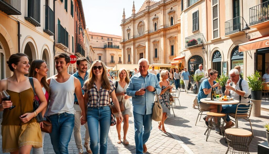 A vibrant, sun-drenched scene of friends, family, and couples exploring a picturesque town together. In the foreground, a group of laughing young adults strolling down a cobblestone street, arms linked. In the middle ground, a multigenerational family taking a leisurely cafe break, sipping local wines and sharing tapas. In the background, a historic cathedral casts a warm, golden glow over the lively scene. The atmosphere is one of camaraderie, connection, and the joy of discovering a new place side-by-side. Captured with a wide-angle lens and soft, natural lighting to convey the welcoming ambiance of "viajar en compañía".