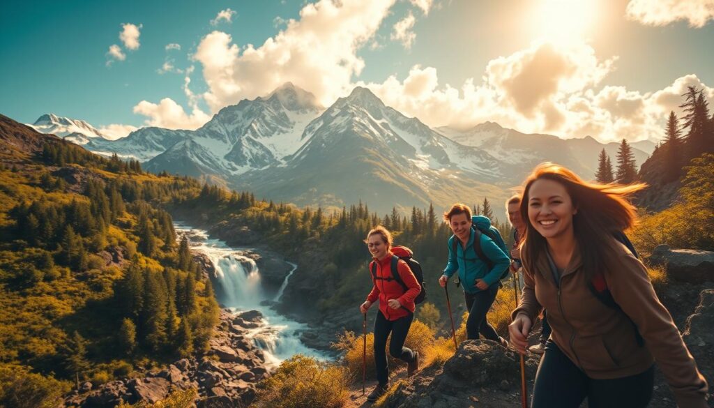 An adventurous outdoor scene set in a lush, verdant landscape. In the foreground, a group of hikers traversing a rugged mountain trail, faces alight with exhilaration as they take in the breathtaking vistas. The middle ground features a cascading waterfall, its crystalline waters crashing against the rocks below. In the background, towering snow-capped peaks rise majestically, bathed in warm, golden sunlight that filters through scattered clouds. The atmosphere is one of invigorating challenge and a profound connection to the natural world, capturing the essence of thrilling adventure travel.