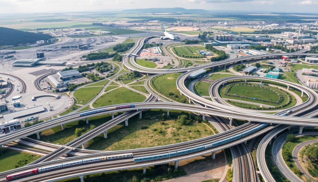 Organized circuits of Europe across scenic landscapes, with high-speed trains, bustling airports, and interconnected highways. Capture the seamless flow of transportation networks, with modern interchanges, efficient hubs, and well-marked signage. Depict the integration of rail, air, and road infrastructure, showcasing the convenience and connectivity that enables smooth travel through the continent. Use a dynamic camera angle to convey the dynamic, efficient, and streamlined nature of European transportation systems. Render this scene with a sense of impressive scale, technical sophistication, and harmonious design, reflecting the careful planning and coordination that underlies the region's travel network.